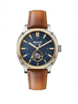 Image of Ingersoll Ingersoll Director Blue And Gold Detail Skeleton Eye Automatic Dial Tan Leather Strap Watch
