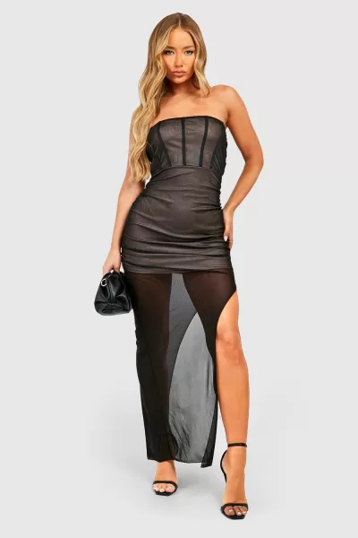 Image of Rouched Mesh Corset Maxi Dress