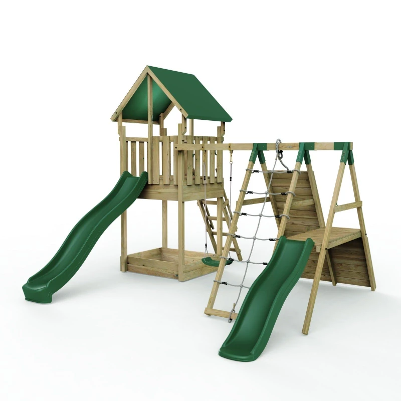 Image of Rebo Wooden Climbing Frame with Play Tower and Slide - M1 Wychwood Double Climbing Wall Brown