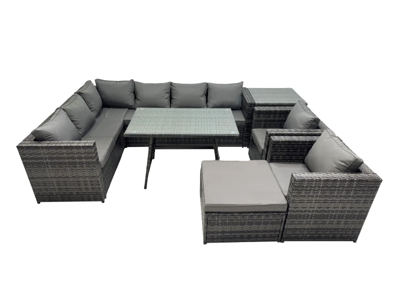 Image of Fimous 9-seater Outdoor PE Rattan Sofa Set with with 2 Chair Stool Side Table in Dark Grey Dark Grey Unisex