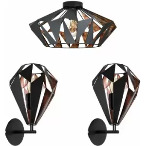 Image of Low Ceiling Light & 2x Matching Wall Lights Black Copper Geometric Lamp Shade