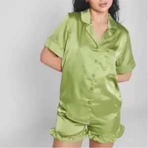 Image of Missguided Satin Frill Detail Shirt and Shorts Pyjama Set - Green