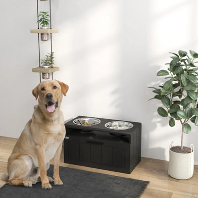 Image of PawHut Raised Dog Bowl, Elevated Dog Bowls with Slow Feeder Dog Bowl Black