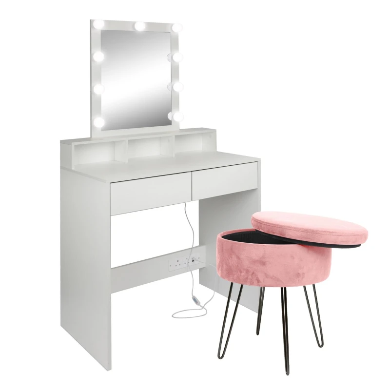 Image of Harbour Housewares Wooden Dressing Table Set with LED Lights & Stool in Pink Pink Unisex