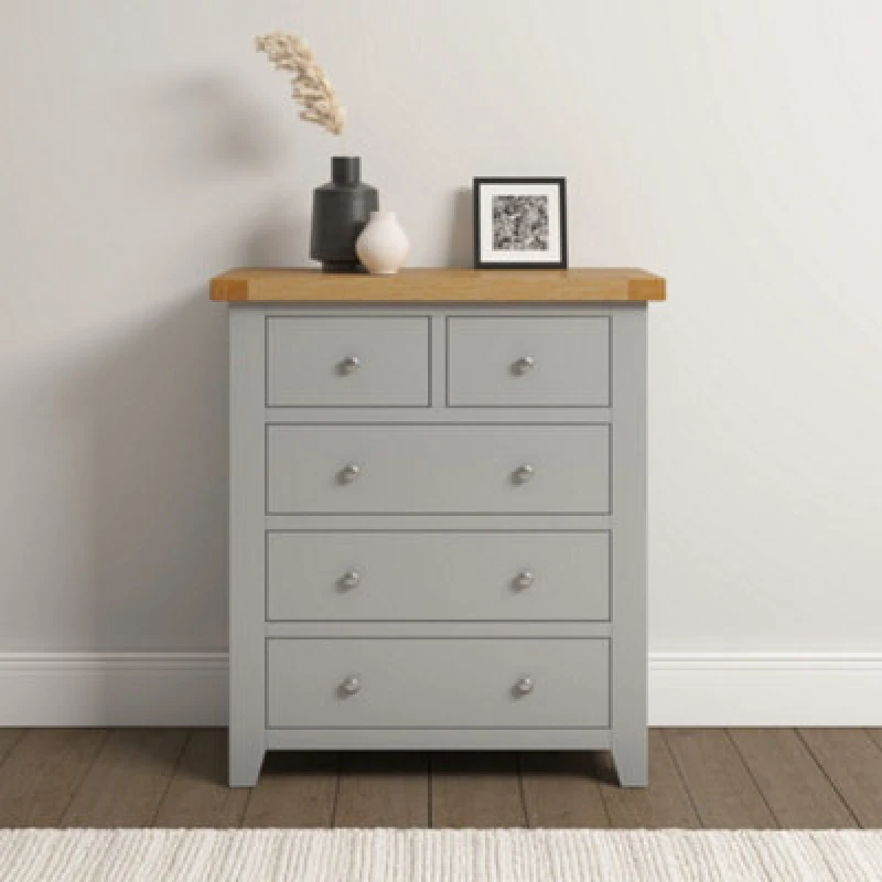 Image of Seconique Windsor 3+2 Drawer Chest Pebble Grey With Real Oak Top Fully Assembled