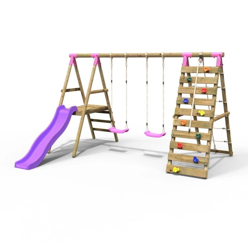 Image of Rebo Wooden Double Swing Set with Climbing Wall and Slide - Jade Pink Pink
