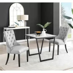 Image of Furniture Box Carson White Marble Effect Square Dining Table and 2 Grey Belgravia Black Leg Chairs