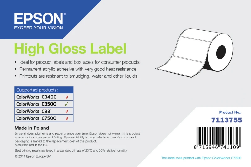 Image of Epson 7113755 High Gloss White Die-Cut Label Roll 102mm x 152mm - 220 Labels (Original)