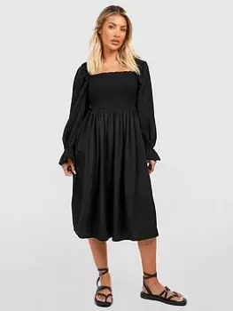 Image of Boohoo Puff Sleeve Shirred Midi Dress - Black, Size 12, Women