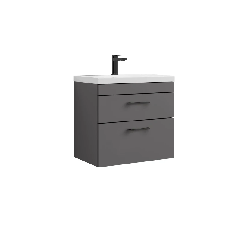 Image of Balterley 2 Drawer Wall Hung Vanity Basin Unit Gloss Grey Black Handles 600mm Grey