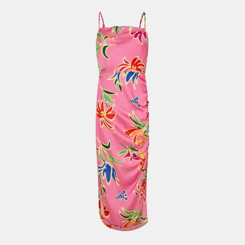 Image of AX Paris Pink Tropical Print Cowl Neck Ruched Side Strappy Midi Dress Pink female 8 (XS)
