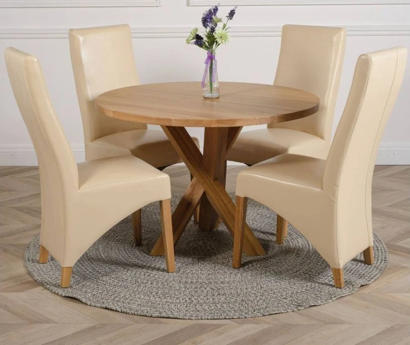 Image of Thats Furniture Oregon Round Oak Dining Table & 4 Lola Leather Chairs in Cream Cream Unisex