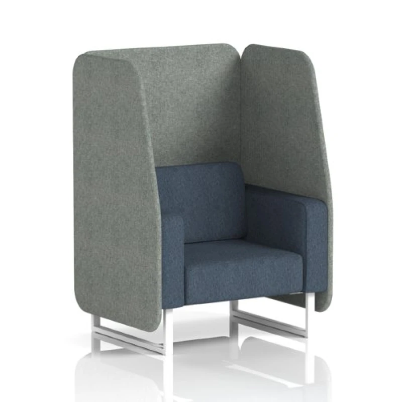 Image of Brixworth 1 Seater Open Office Booth with White Legs in Rivet Fabric - Prime Panels and Crucible Sofa