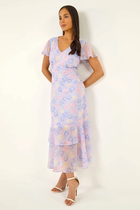 Image of Roman Womens Petite Floral V-Neck Frill Midi Dress in Lilac Size: 14 Lilac Female 14