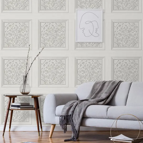 Image of Carved White Panel Wallpaper White