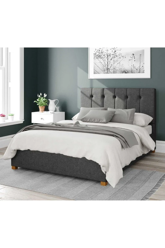 Image of Aspire Aspire Hepburn Upholstered Ottoman Storage Bed, Saxon Twill Fabric in Charcoal Size: Small Double Charcoal Small Double Unisex 5057632167200