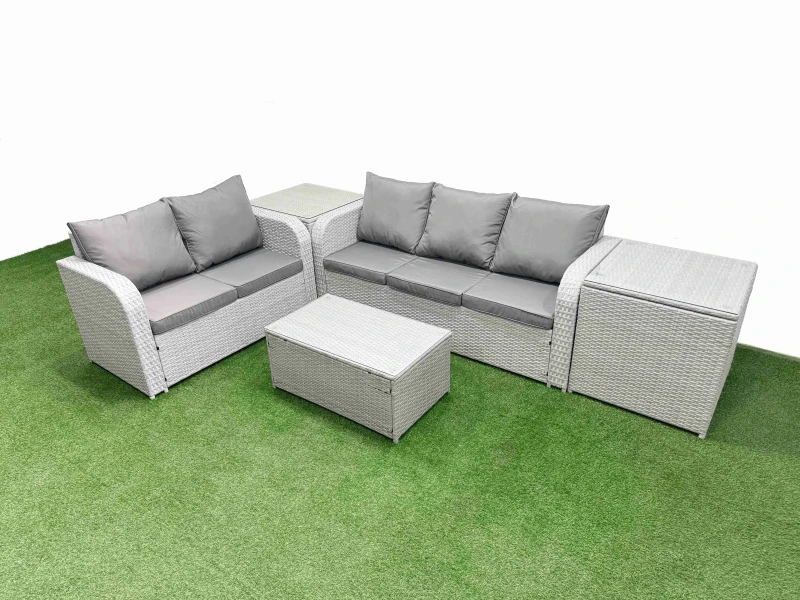 Image of Fimous 5 Seater PE Rattan Wicker Garden Furniture Patio Conservatory Sofa Set with Rectangular Coffee Table 3 Seater Sofa Love Sofa 2 Side Table Light