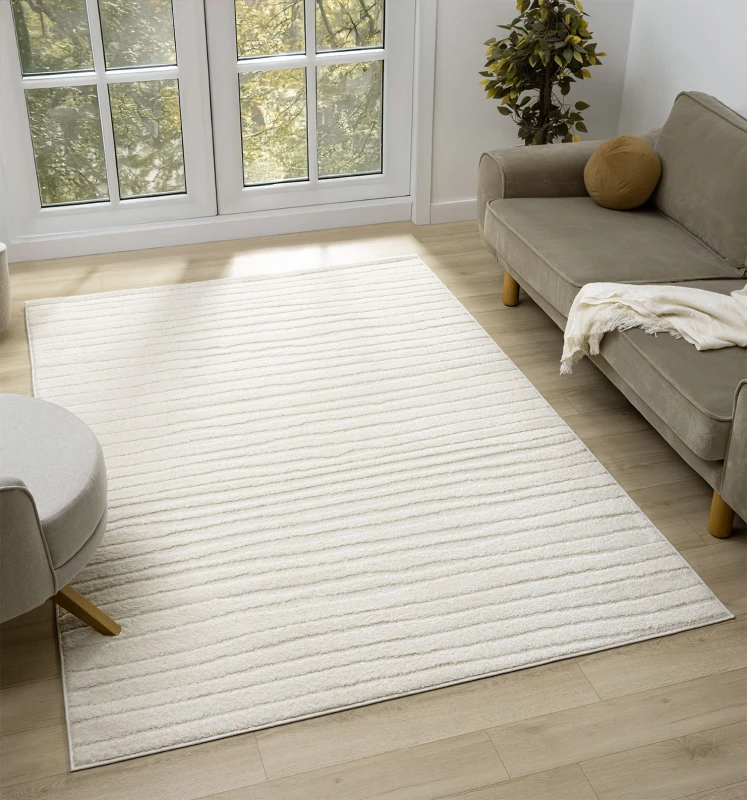 Image of Aya Living Room Area Rugs - Embossed Lines Pattern Cream 200Cm X 290Cm