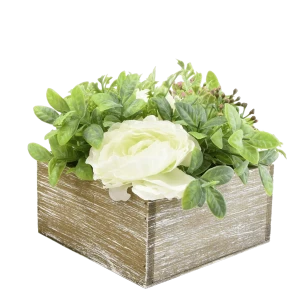 Image of Faux Roses and Herbs in Rustic Wooden Box