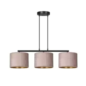Image of Hilde Black Bar Pendant Ceiling Light with Pink Fabric Shades, 3x E27