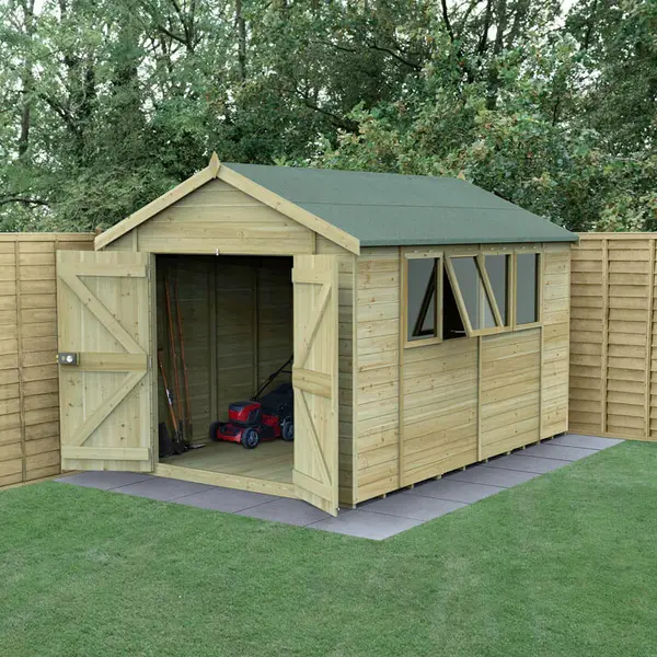 Image of 12' x 8' Forest Timberdale 25yr Guarantee Tongue & Groove Pressure Treated Double Door Apex Shed a 4 Windows (3.65m x 2.52m)