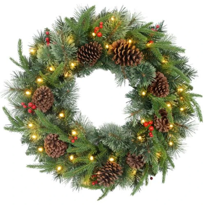 Image of HOMCOM HOMCOM 60" Cone & Berry Christmas Wreath with LED Lights 830-843V00GN