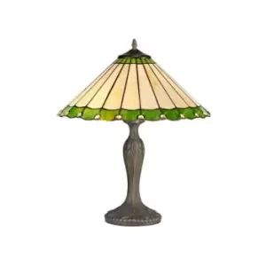 Image of Luminosa Lighting - 2 Light Curved Table Lamp E27 With 40cm Tiffany Shade, Green, Crystal, Aged Antique Brass