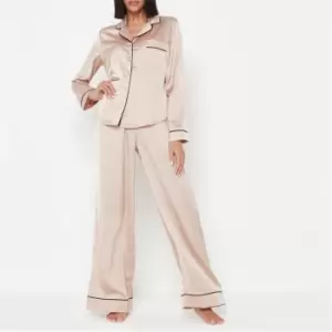 Image of Missguided Shirt And Bottoms Satin Piping Pyjama Set - Pink