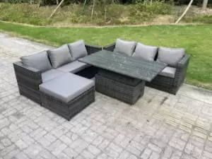 Image of Fimous 6 Seater Outdoor Dark Grey Rattan Lounge Complete Sofa Set with Adjustable Rising Lifting Dining Table and Big Footstool