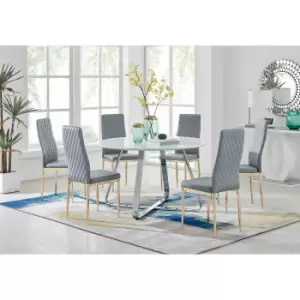 Image of Furniture Box Santorini White Round Dining Table and 6 Grey Gold Leg Milan Chairs