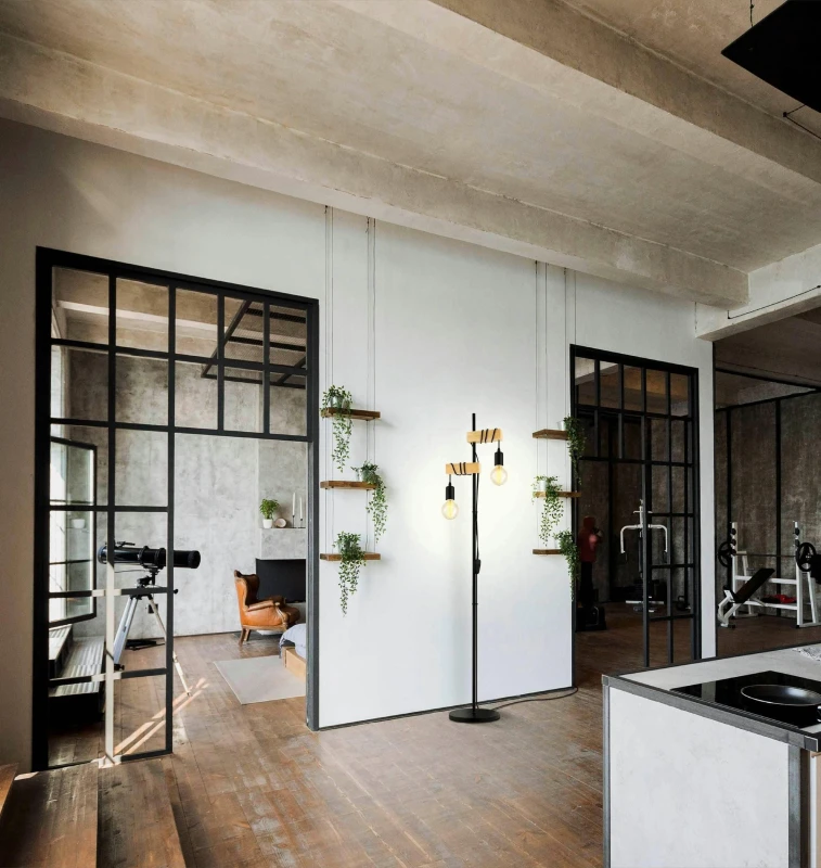 Image of EGLO Townshend 5 Black Metal & Natural Wood 2-Light Floor Lamp - Industrial Style (D) 25cm Black