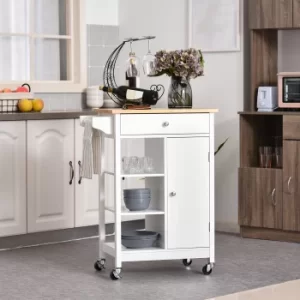 Image of HOMCOM Kitchen Storage Trolley Unit w/ Wood Top 3 Shelves Cupboard Drawer Rail 4 Wheels Handles Moving Shelf Handy Spacesaver White