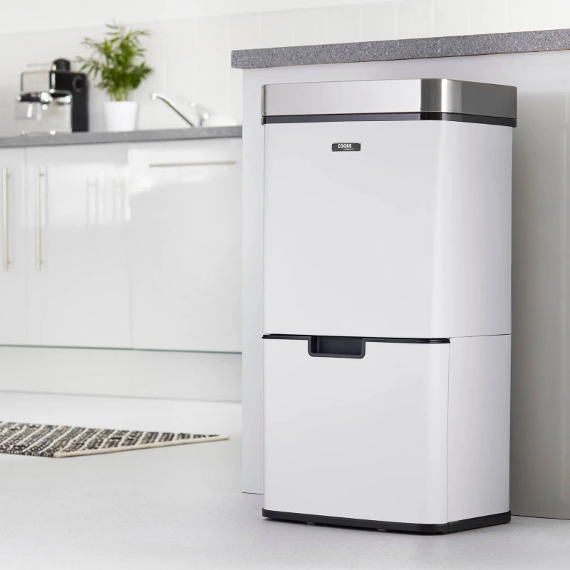 Image of Cooks Professional 75L Recycling Sensor Bin With Food Caddy - 4 Section Stainless Steel Kitchen Waste Dustbin - White & Silver