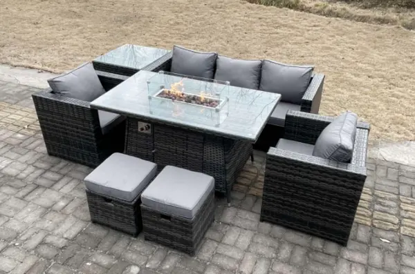 Image of Fimous 5 Seater Outdoor Dark Grey PE Rattan Lounge Sofa Complete Set with Gas Fire Pit Table and 2 Stools