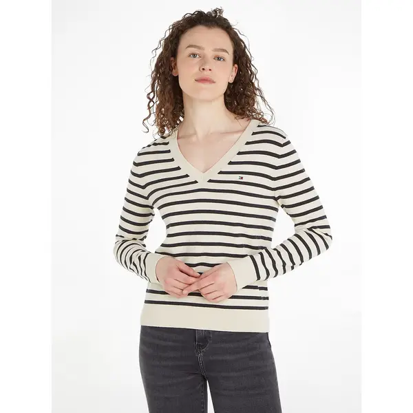 Image of Breton Striped Jumper with V-Neck in Cotton Mix