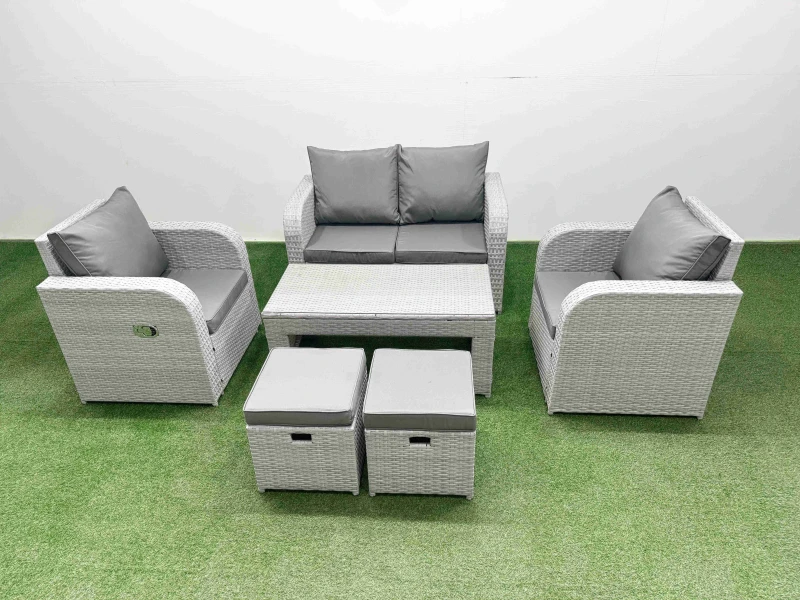 Image of Fimous Light Grey PE Wicker Rattan Garden Furniture Set Sofa Set Reclining Adjustable Chair Oblong Coffee Table 6 Seater 2 Small Stools Light Grey