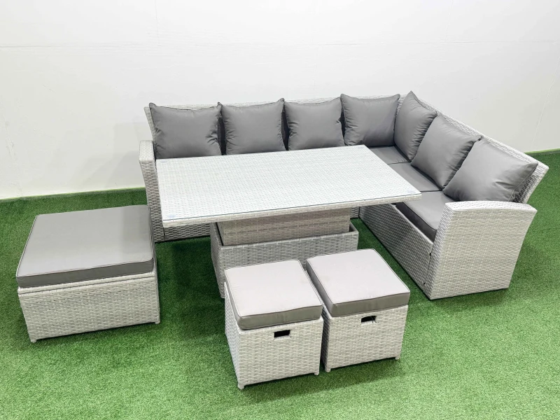 Image of Fimous 9 Seat Rattan Garden Furniture Corner Sofa Set with Armchair 3 Stools in Light Grey Light Grey Unisex