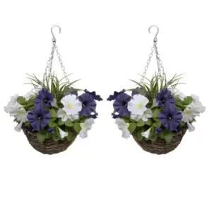 Image of Greenbrokers Artificial Dark Purple & White Round Rattan Petunia Hanging Baskets (set Of 2)