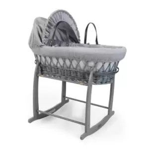 Image of Clair de Lune Waffle Grey Wicker Moses Basket in Grey & Grey Deluxe Rocking Stand - Grey