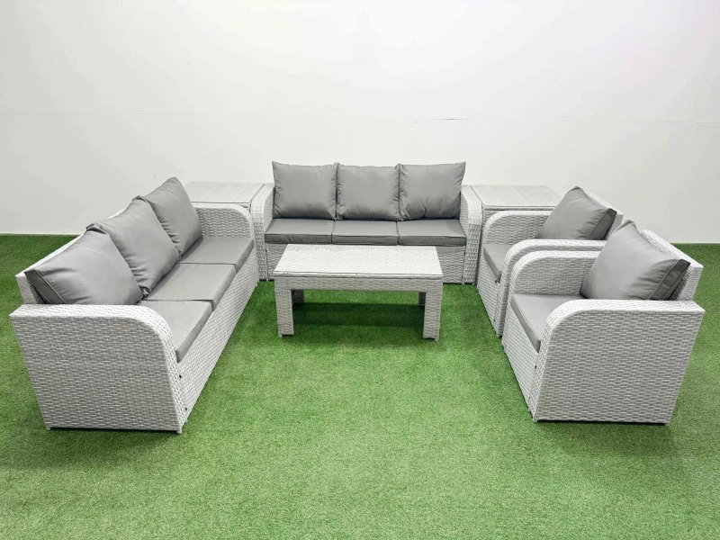 Image of Fimous PE Rattan High Back Lounge Sofa Set Patio Oblong Coffee Table & Chairs Set with 3 Seater Sofa Reclining Chair 2 Side Table Light Grey Light Gre