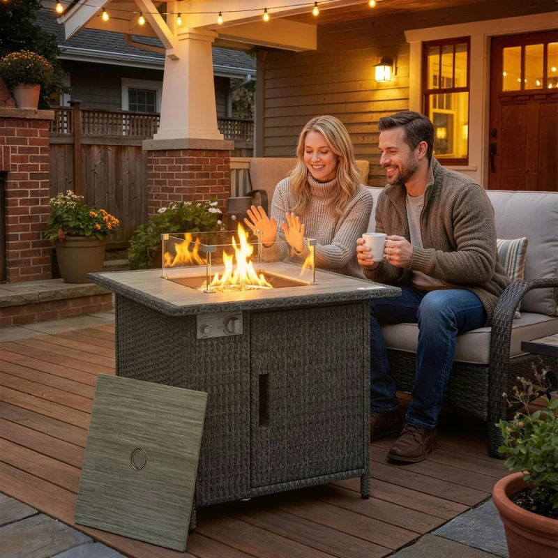 Image of OUTSUNNY Rattan Gas Fire Pit Table with Rain Cover, Wind Guard, 14.5 KW in Grey Grey Unisex