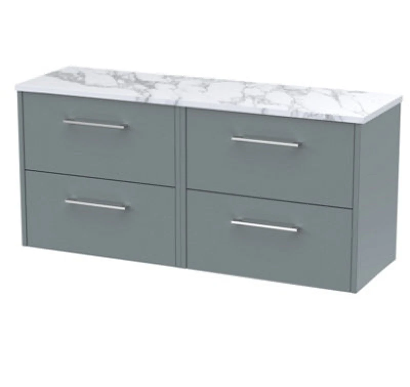 Image of Nuie Hudson Reed Juno Wall Hung 4-Drawer Vanity Unit & Carrera Marble Worktop, Countertop Basin Unit In Coastal Grey, 1200mm
