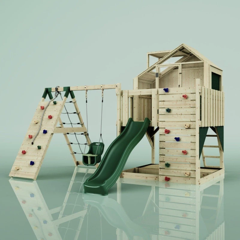 Image of OutdoorToys PolarPlay Kids Climbing Tower & Playhouse - Climb & Swing Thora Green in Beige Beige Unisex