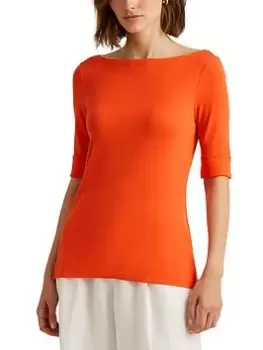 Image of Lauren by Ralph Lauren Judy Elbow Sleeve Knit Top - Orange, Size L, Women