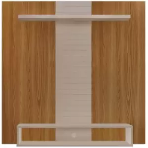 Image of fixed TV wall panel with shelf and storage, oak effect & grey