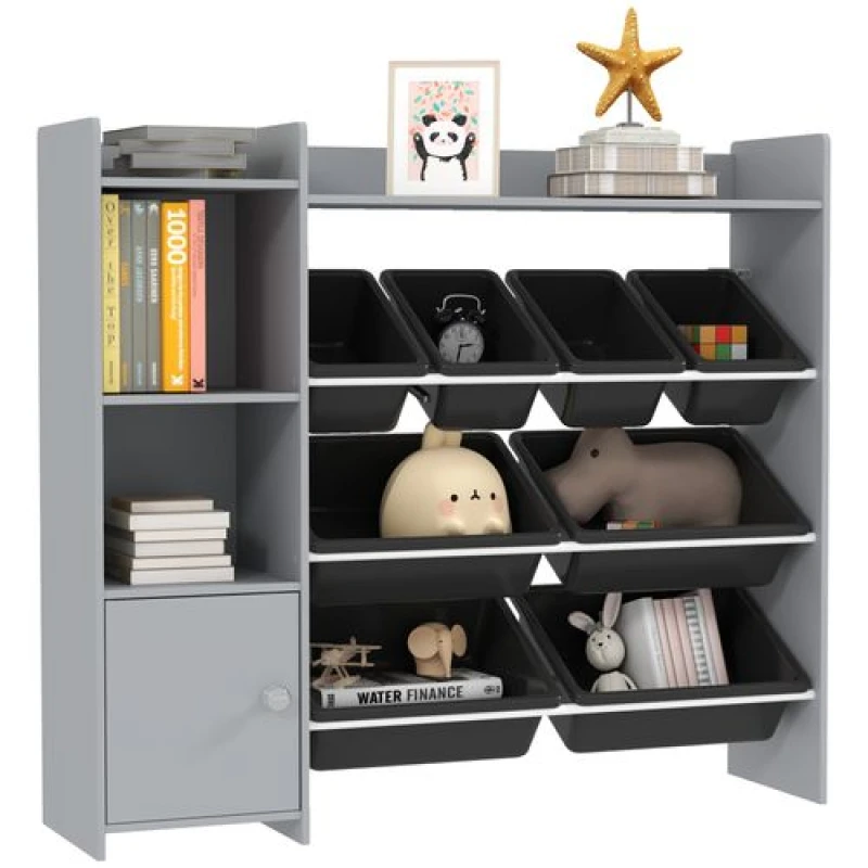 Image of AIYAPLAY Toy Storage Unit w/ 8 Removable Bins, Storage Shelves, Cabinet, Grey 311-091V80GY