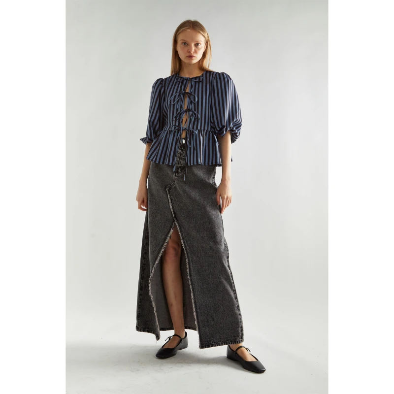 Image of Glamorous Blue-Black Stripe Tie-Front -Top Blue female 8 (XS)