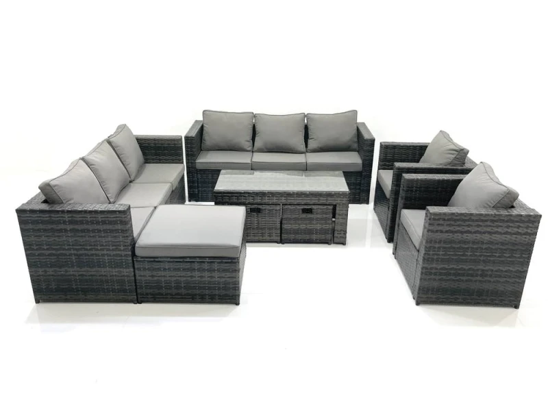 Image of Fimous Rattan Garden Furniture Sofa Set with Coffee table Armchair 3 Footstools Dark Grey Mixed Dark Grey