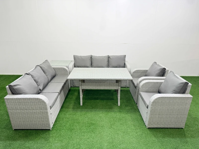 Image of Fimous PE Rattan High Back Lounge Sofa Set Patio Rectangular Dining Table & Chairs Set with 3 Seater Sofa Reclining Chair Side Table Light Grey Light