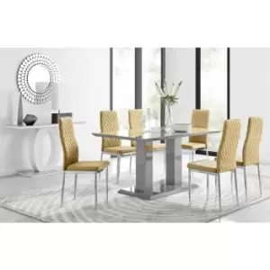Image of Furniturebox UK - Furniturebox Imperia 6 High Gloss Grey Modern Dining Table and 6 Mustard Milan Faux Leather Dining Chairs With Silver Legs Diamond